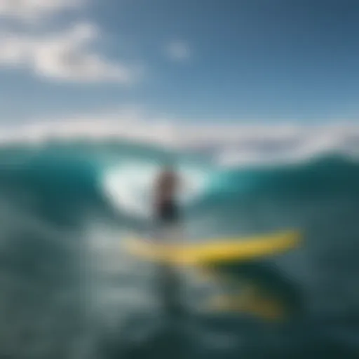 A vibrant SUP gliding over ocean waves under a clear sky.