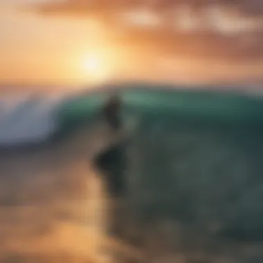 Surfer riding a wave with a vivid sunset in the background