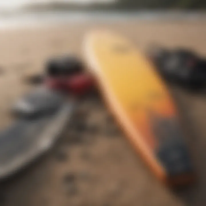 Essential surfing gear laid out on the beach