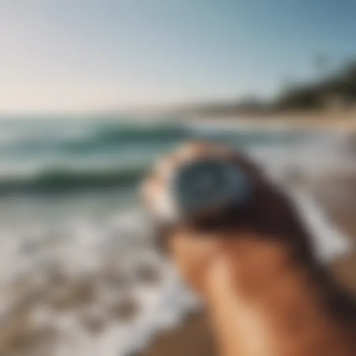 Surfer checking the Nixon Wave Watch while on the beach