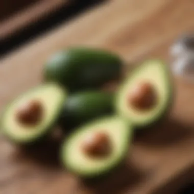 Fresh avocados on a wooden table with nutritional facts