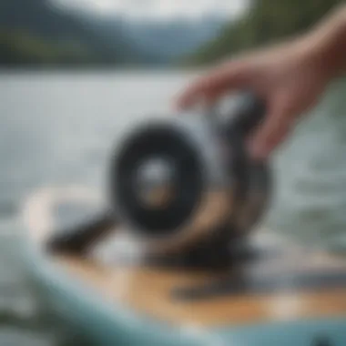 Close-up of paddle board motor design showcasing its features and construction.