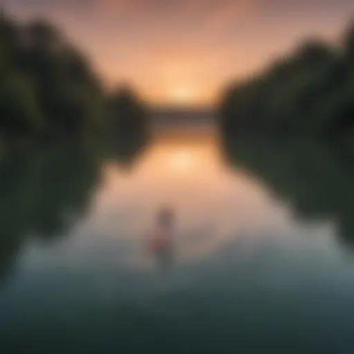 Serene view of Lady Bird Lake at sunset with paddleboarders gliding across the water