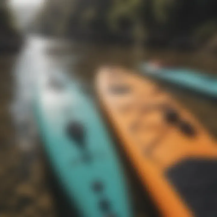 An array of paddleboarding equipment displayed neatly, including boards and paddles.