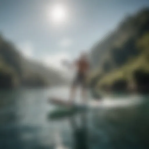 A paddleboarder gliding smoothly across tranquil waters, showcasing balance and technique.