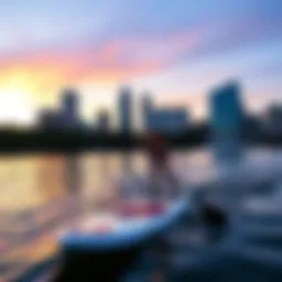 Paddle boarding at Lady Bird Lake with skyline