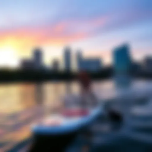 Paddle boarding at Lady Bird Lake with skyline