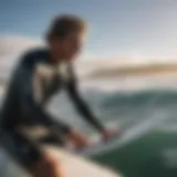 A surfer checking GPS data on a Rip Curl watch while riding a wave