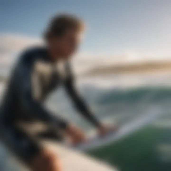 A surfer checking GPS data on a Rip Curl watch while riding a wave