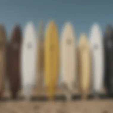 An artistic shot of multiple Saint Laurent surfboards lined up