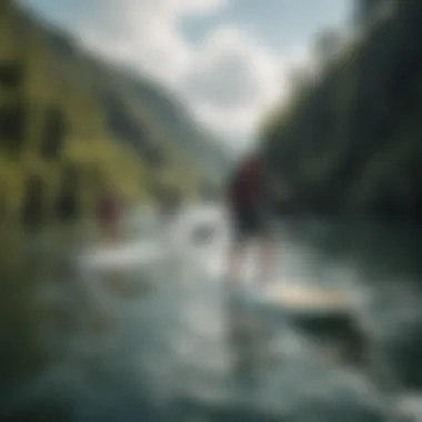 Scenic landscape with a powered paddle board in motion