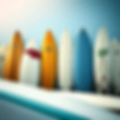 Diverse surfboard types arranged for selection