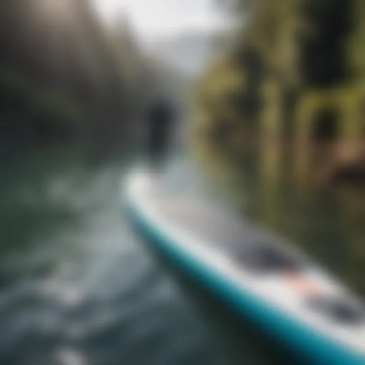 A well-sized SUP paddle next to a paddleboard on the water