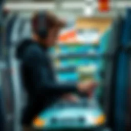 A teenager selecting a wakeboard in a shop