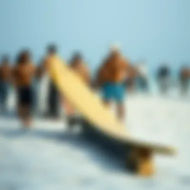 Community and Competition in Skimboarding Group of skimboard enthusiasts gathering for a competition