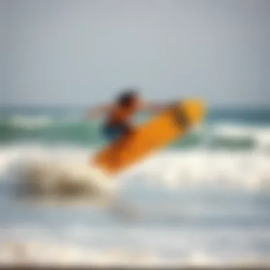 Dynamic Skimboarding at the Beach Skimboarder executing a dynamic maneuver on a sunny beach