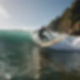 A surfer riding a wave with a sustainable surfboard made from eco-friendly materials.