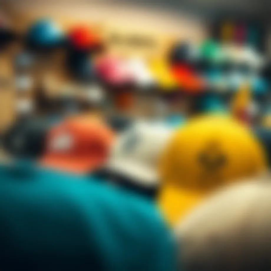 Colorful baseball caps featured in a surf shop
