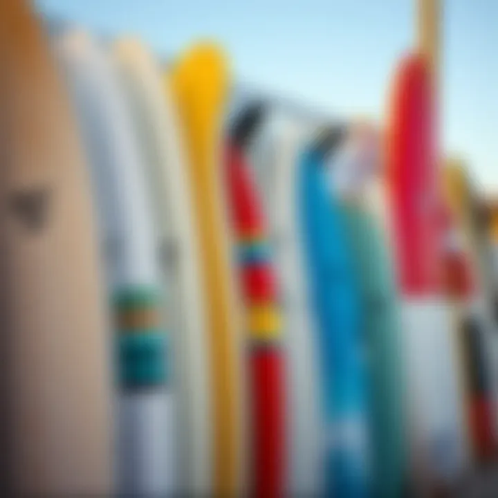 Surfboards lined up at Surf Inn Hermosa showcasing diverse styles and designs