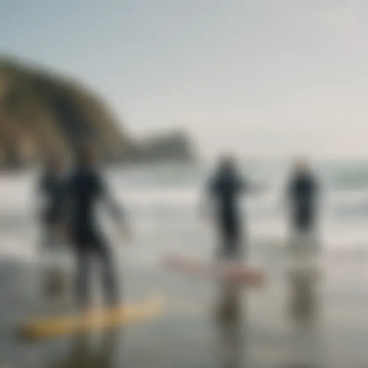 An instructor teaching a group of eager learners how to surf