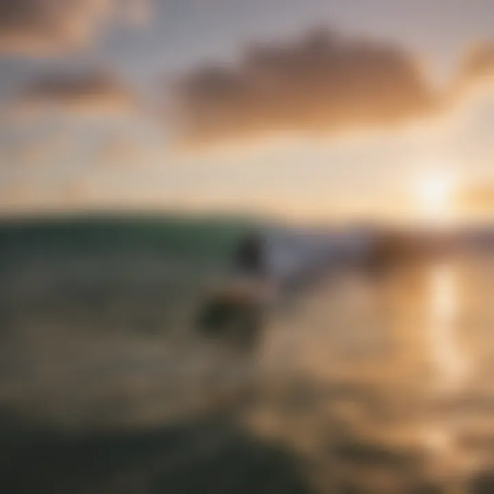 A surfer riding a wave against a stunning sunset backdrop