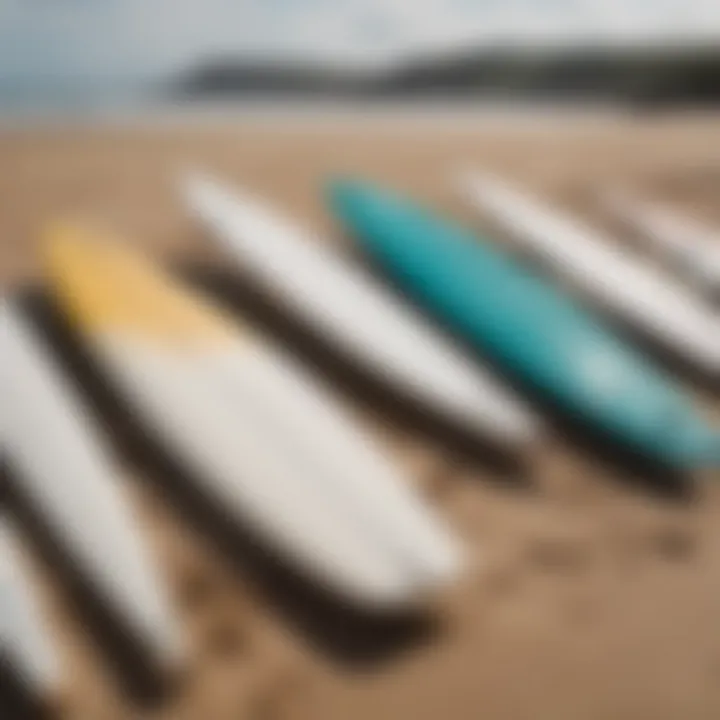 A close-up of surfboards lined up on the beach ready for lessons