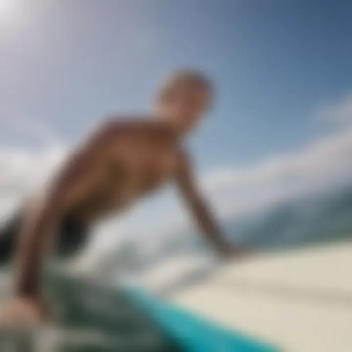 Surfer showcasing a surfboard with a nose guard during competition