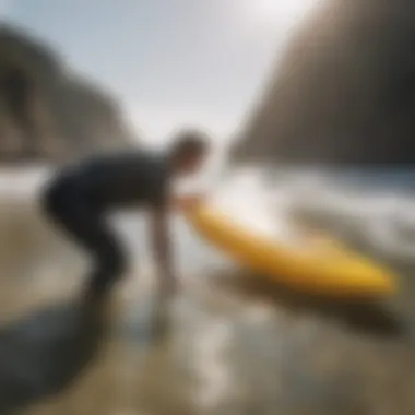 A surfer demonstrating proper maintenance techniques for an inflatable surfboard bag.