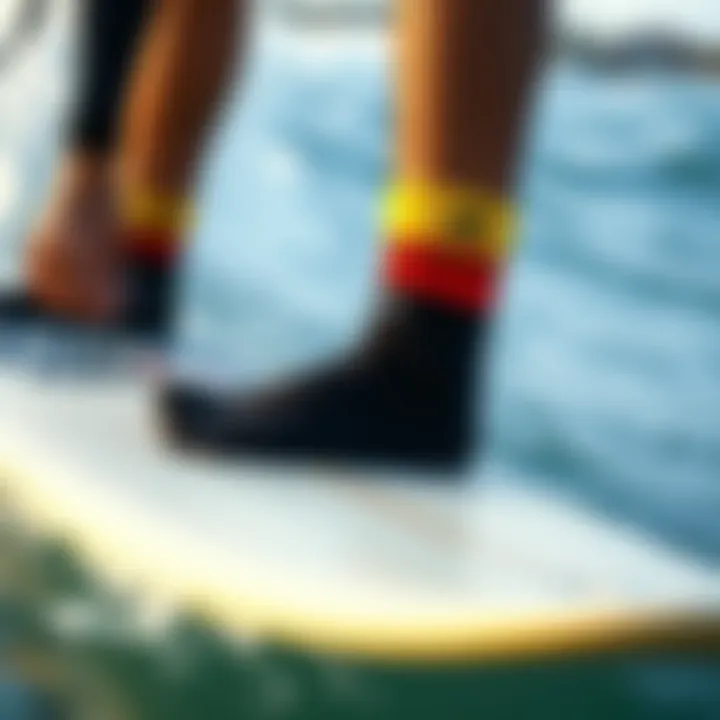 Surfer with Neoprene Surf Socks Surfer wearing neoprene surf socks on a board