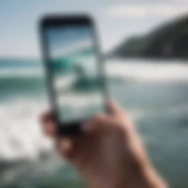 Surfer checking wave height data on a smartphone