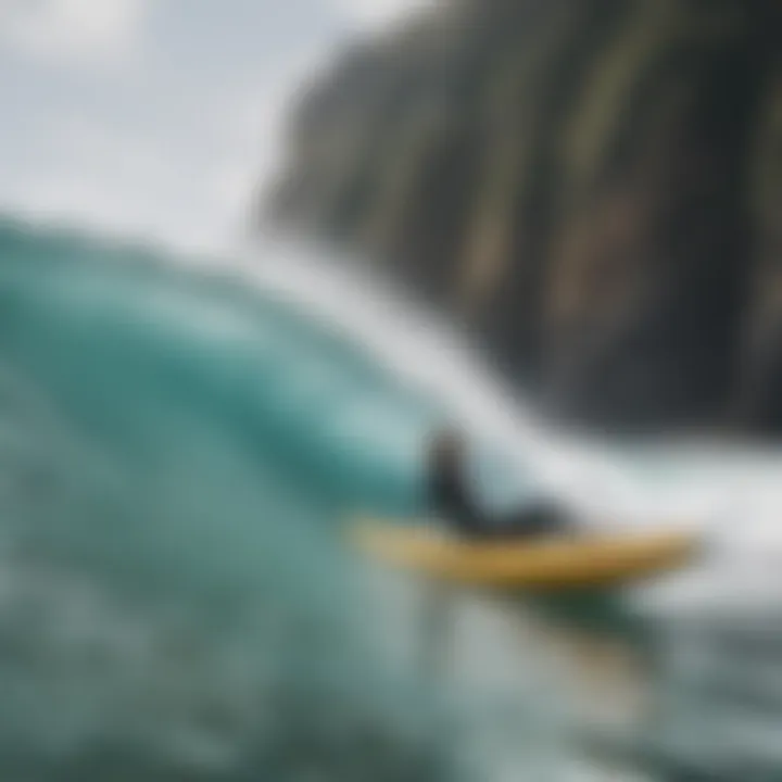 Surfer utilizing inflatable flotation device in action