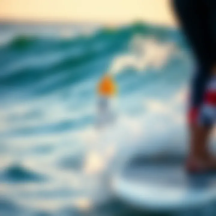 A surfer enjoying the waves with the anti-shark spray visible on their board