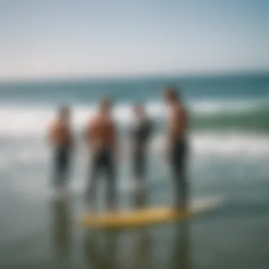 Group of surfers discussing GPS technology after a surf session