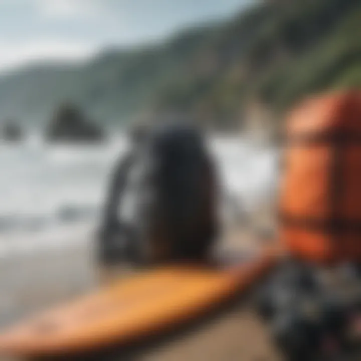 A backpack and surf gear ready for an adventure by the ocean