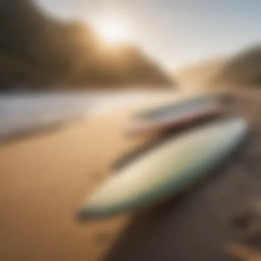 A serene beach at sunrise with surfboards resting on the sand