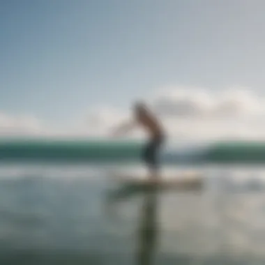 A surfer practicing balancing techniques on a balance board