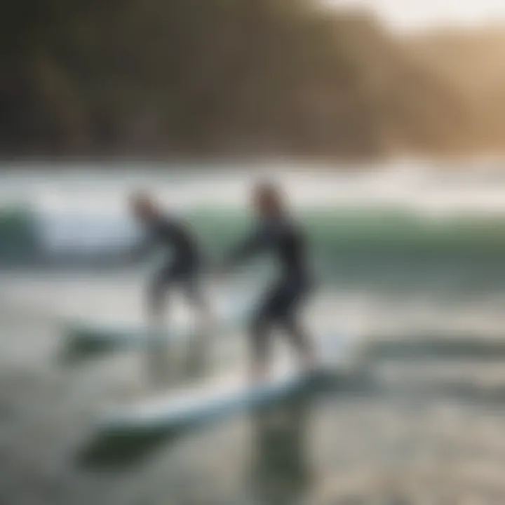 A group of surfers sharing tips and techniques at a local surf event