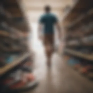 A surfer choosing between different sandal designs at a local shop