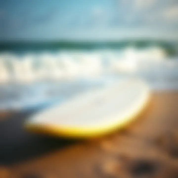Surfboard Dynamics and Swell Interaction A surfboard resting on the beach, emphasizing performance attributes.