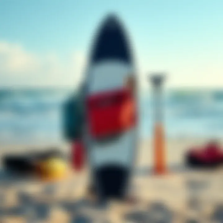 High-tech surfboard and gear displayed on the beach