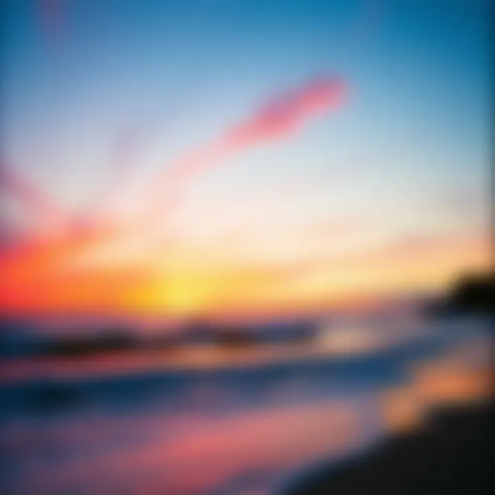 A vibrant sunset over a serene beach with perfect surf conditions