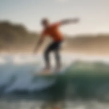 Skilled surfer performing tricks on a foam longboard