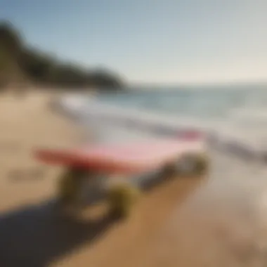 A vibrant foam longboard displayed on a sunny beach