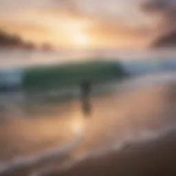 A serene beach scene with surfers catching waves at sunrise
