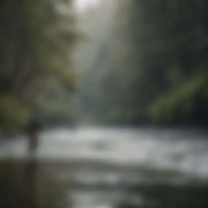 Angler casting a steelhead rod in a surf environment, capturing the essence of surf fishing.