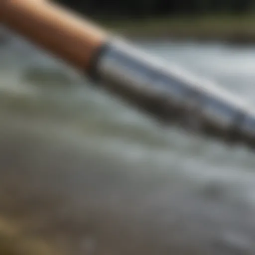 Close-up of a steelhead rod designed for surf fishing showcasing its unique characteristics.