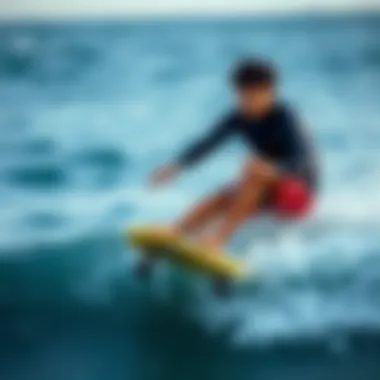 Skillful Maneuvering on a Mini Bodyboard Action shot of a surfer skillfully maneuvering on a mini bodyboard