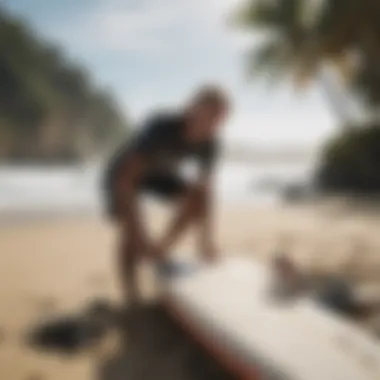 A surfer maintaining their surfboard with tools and accessories