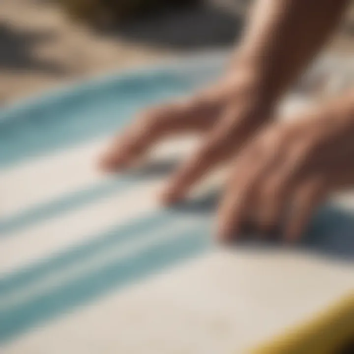 A surfboard with freshly applied wax demonstrating grip enhancement