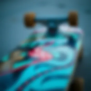 Close-up of skateboard deck with creative artwork